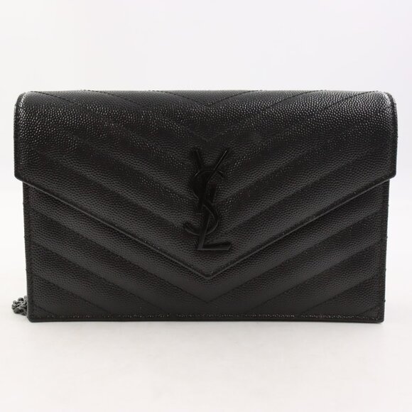 NWT Saint Laurent Cassandre Black Grain de Poudre Leather Envelope Chain Wallet - Picture 2 of 16